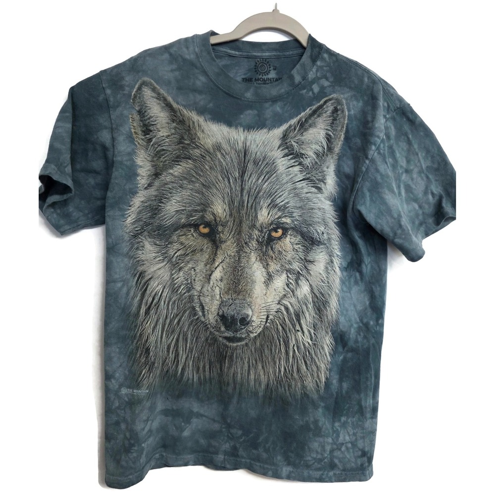 The Mountain Wolf Face Graphic Tie Dye T-Shirt Mens Medium Blue Gray Cotton